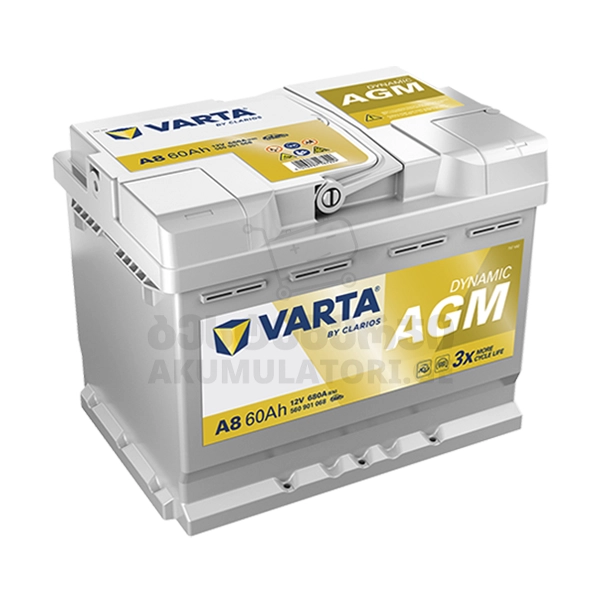 Varta A8 60Ah 680 A(EN) AGM ვარტა-ვართა-ამპერი-აკუმულატორი-აკუმლატორი-akumulatori-akumlatori-carbattery